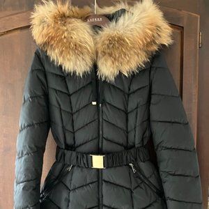 Tahari  Quilted Down Hooded Jacket, Real Fur Trim, Belted